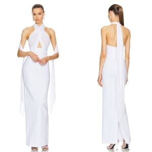 HELSA Amber Sheer Mesh Halterneck Tie Bodycon White Maxi Dress Size Medium